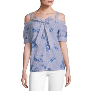 Supply & Demand Blue White Cold Shoulder Top Saks 5Th Avenue Large NEW
